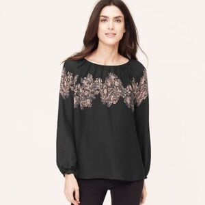 NWT Loft Black Floral Long Sleeve Peasant Blouse Top Size Small Petite SP